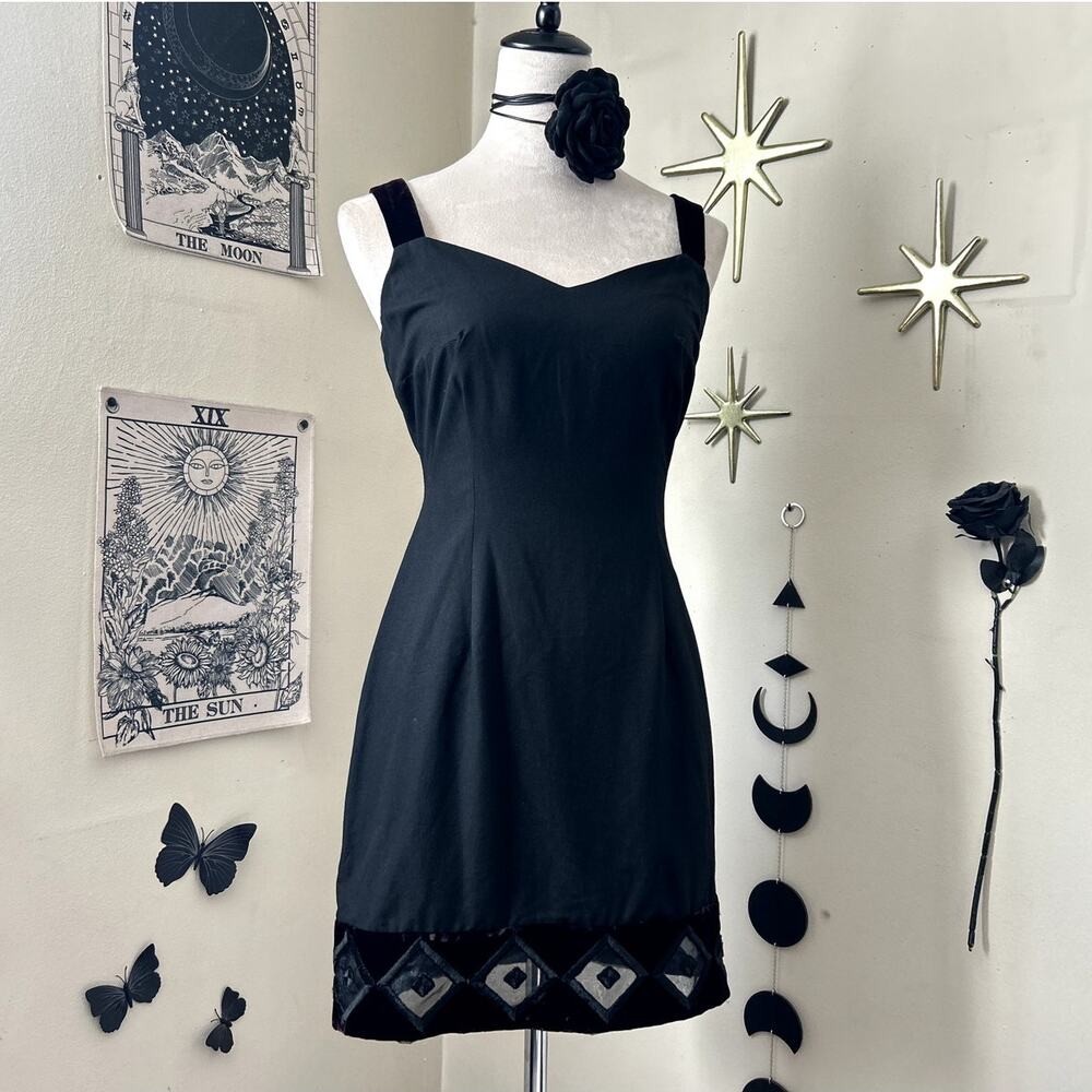 Vintage 1990s Black Goth Mini Dress with Burgundy Velvet Trim